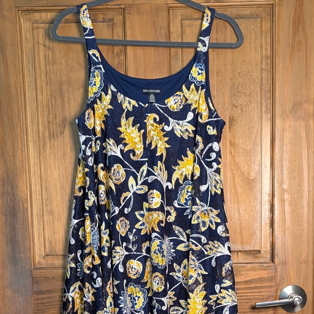 Nina Leonard Navy Floral Print Lace Overlay Handkerchief Hem Sun Dress. Size Med